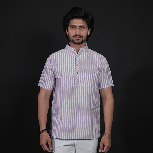 Purple white striped half sleeves short kurta for men front view