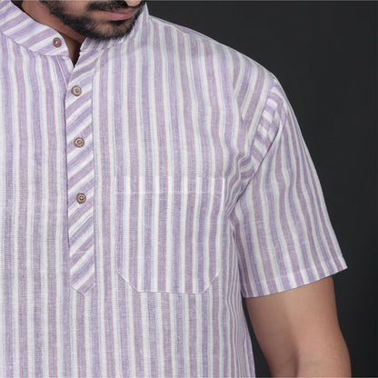 Purple white striped short kurta for men close-up pocket design