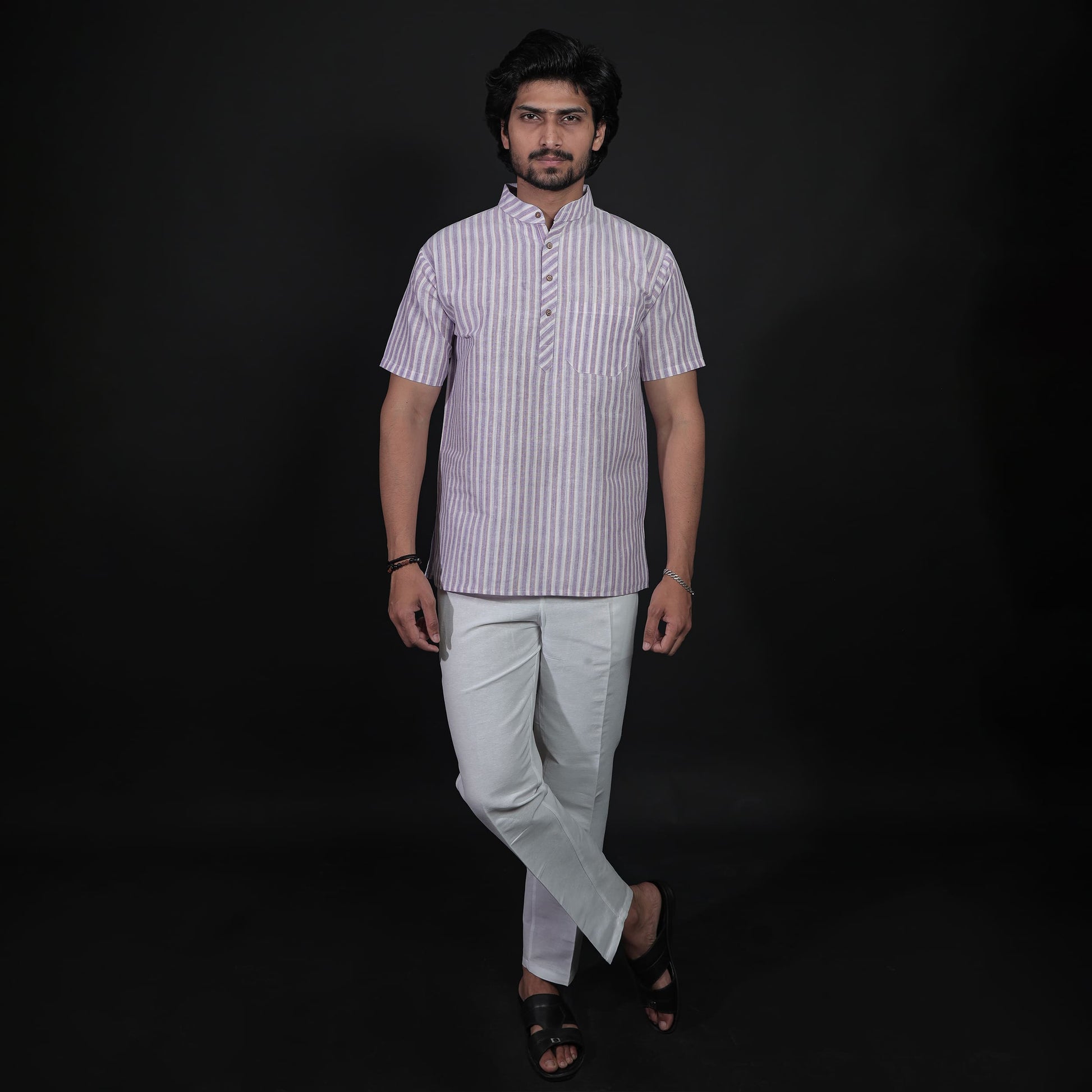 Half Sleeves Kurta Pant Combo Set for men in purple-white stripes full outfit view