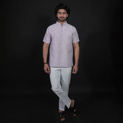 Half Sleeves Kurta Pant Combo Set for men in purple-white stripes full outfit view