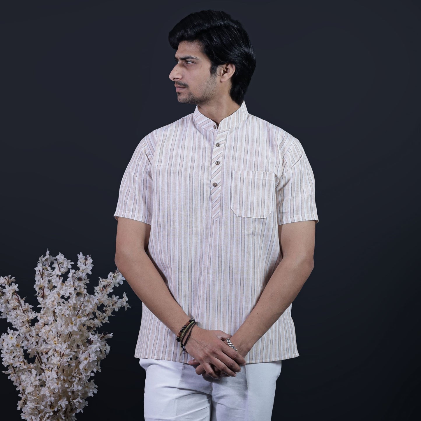 Beige white striped half sleeves short kurta front view for men