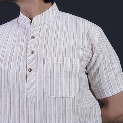 Close-up of beige white striped short kurta pocket and collar