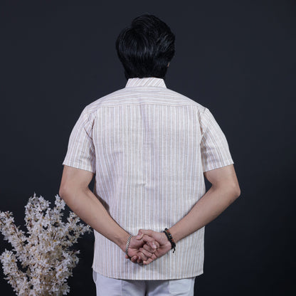 Back view of beige white striped short kurta for men