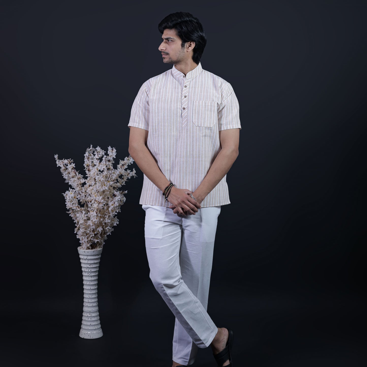 Full outfit view of Beige-White Striped Half Sleeves Kurta Pant Combo Set