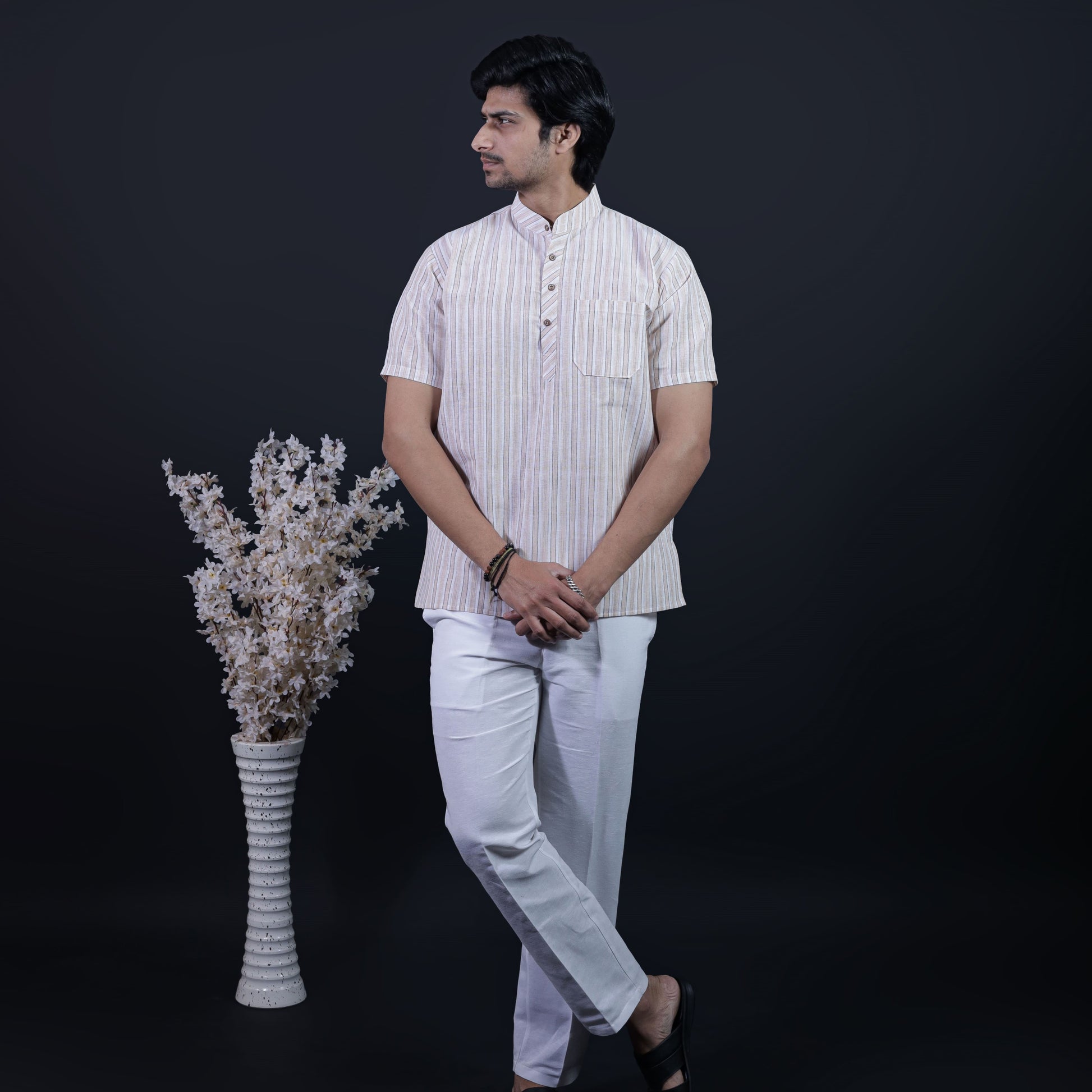 Full outfit view of Beige-White Striped Half Sleeves Kurta Pant Combo Set