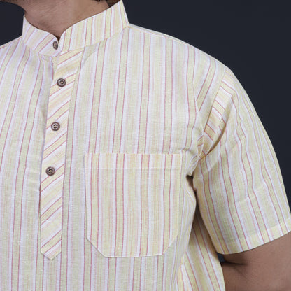 Close-up of yellow white striped short kurta collar and pocket