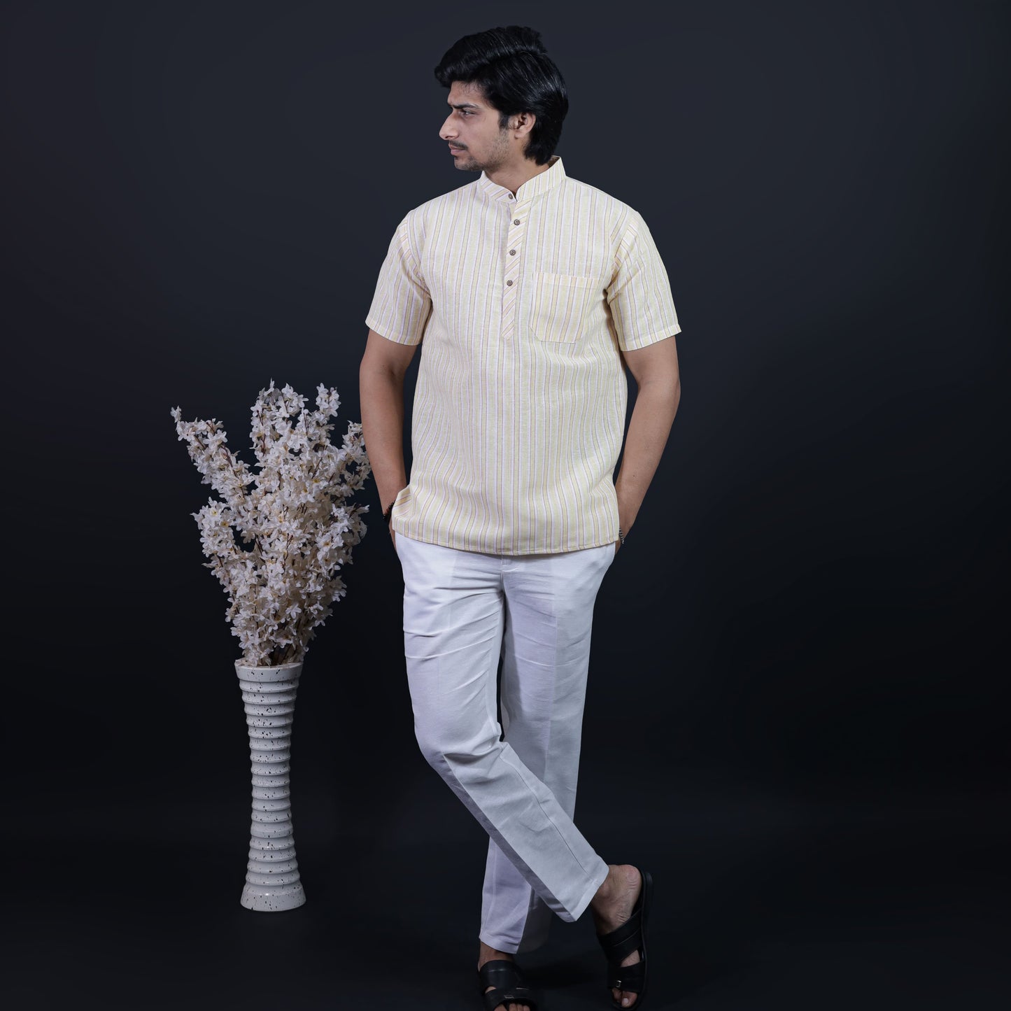 Full outfit view of Yellow-White Striped Half Sleeves Kurta Pant Combo Set