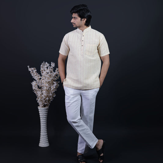 Full outfit view of Yellow-White Striped Half Sleeves Kurta Pant Combo Set