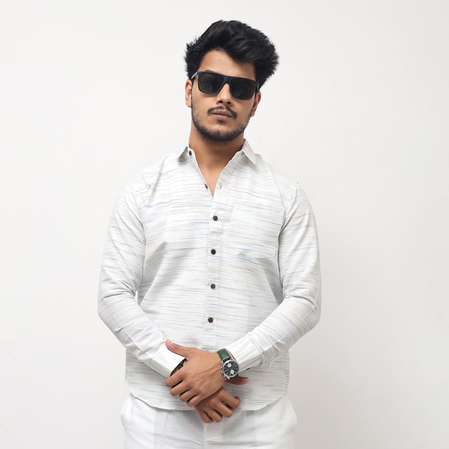 Blue tone White Jharna Full Sleeves Shirt front model view