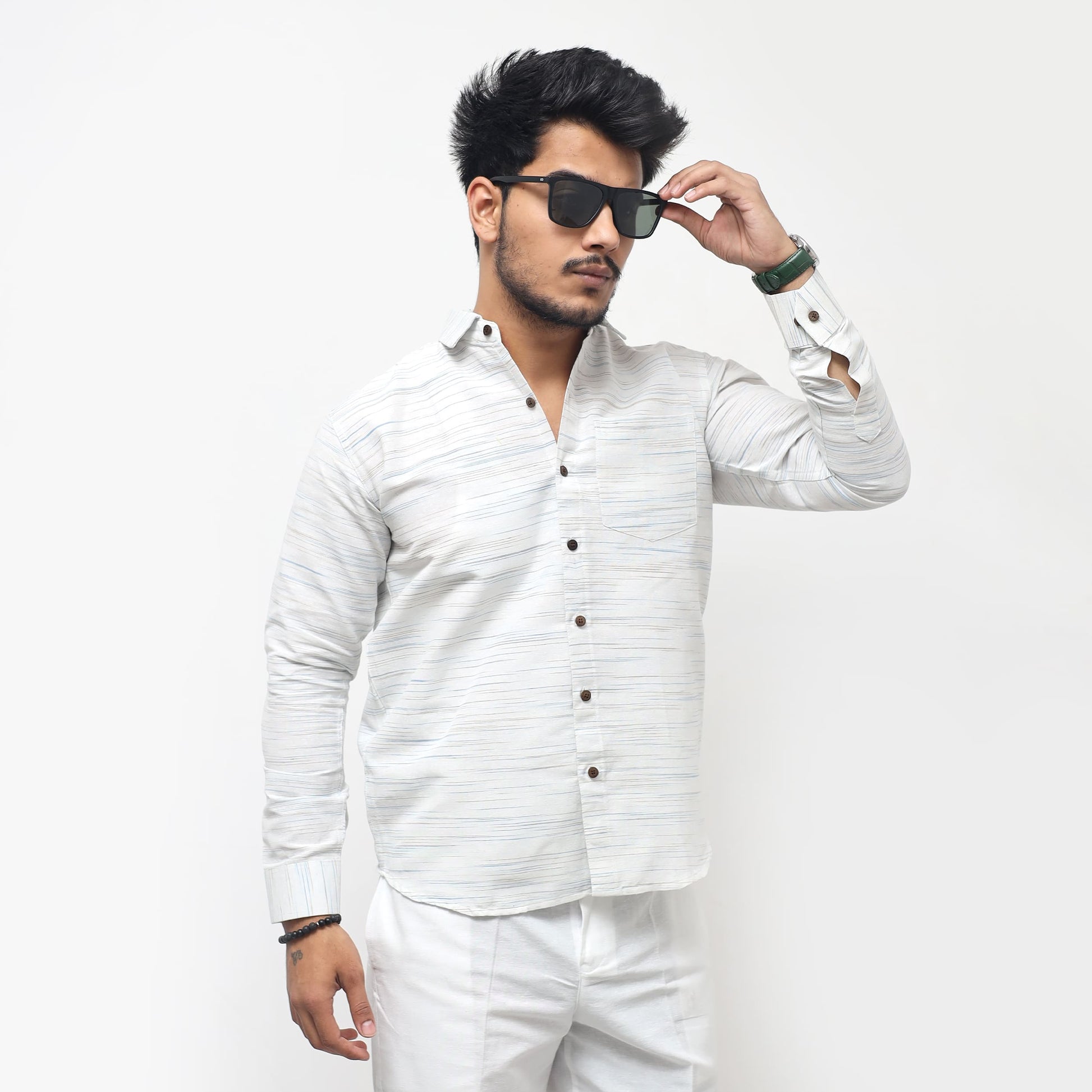 Blue tone White Jharna Full Sleeves Shirt angled side pose