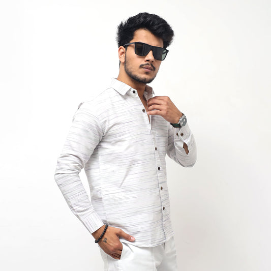 White Jharna full sleeves khadi shirt dark blue texture angled pose