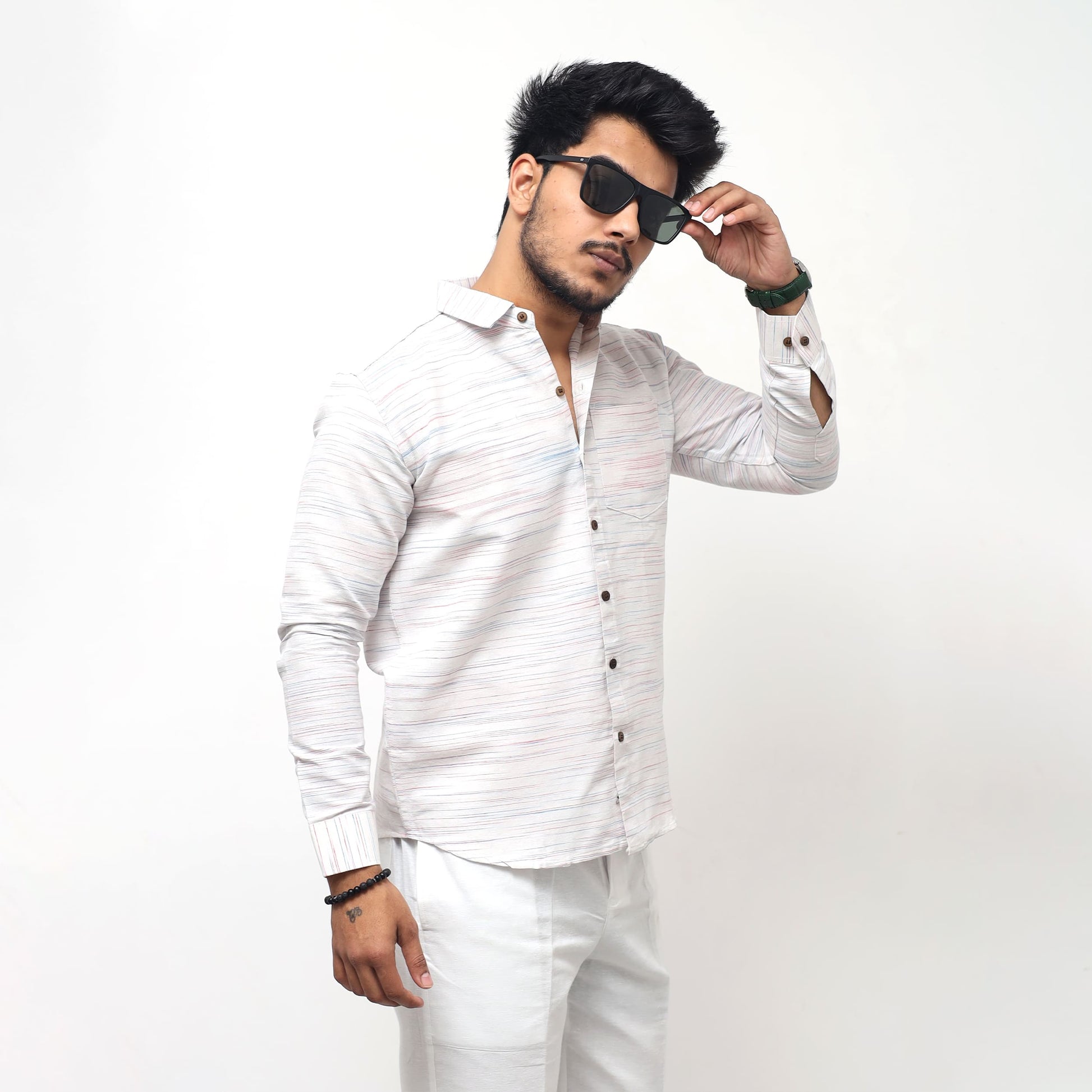 White Jharna Full Sleeves Shirt with dark red texture side pose