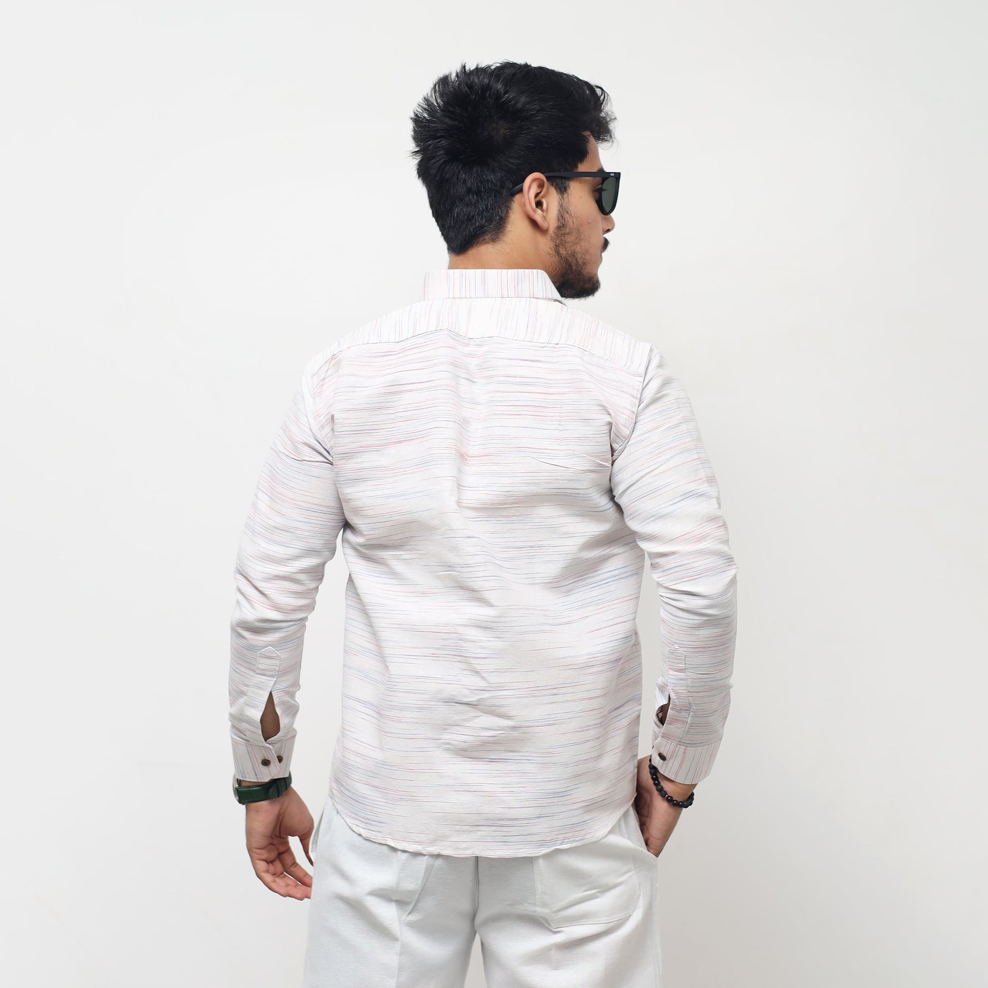White Jharna Full Sleeves Shirt with dark red texture lifestyle back pose