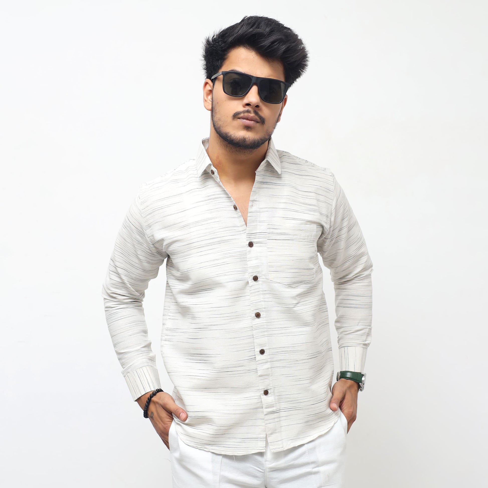 White Jharna full sleeves shirt with grey texture front casual look