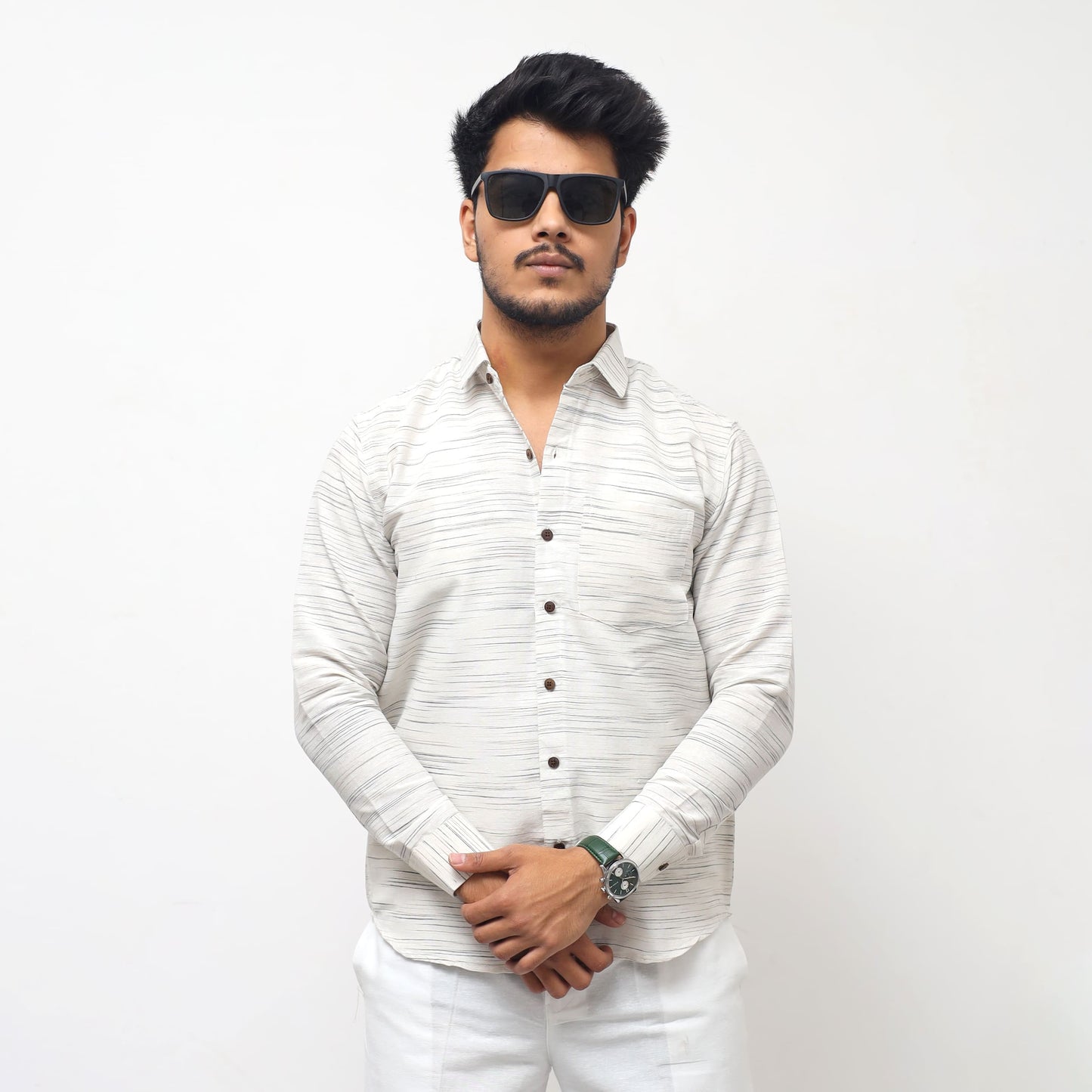 White Jharna shirt grey texture straight pose full sleeves