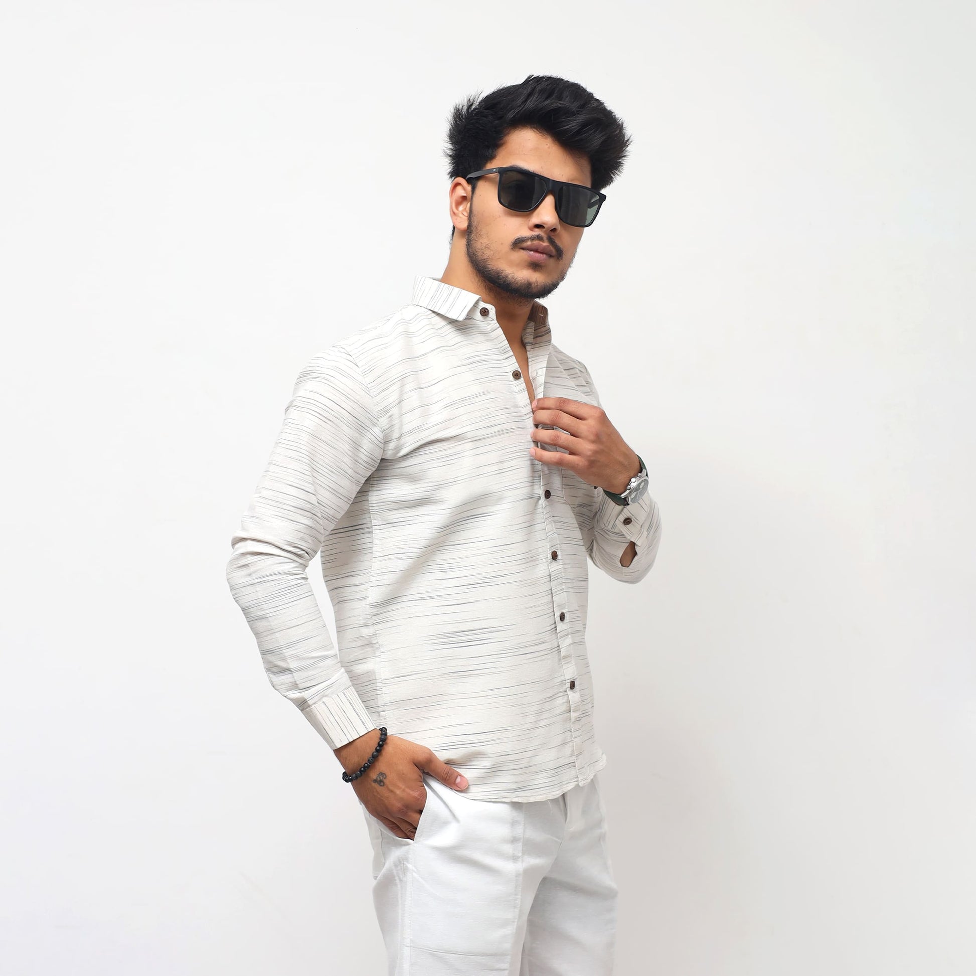 White Jharna full sleeves shirt side angle grey texture styling