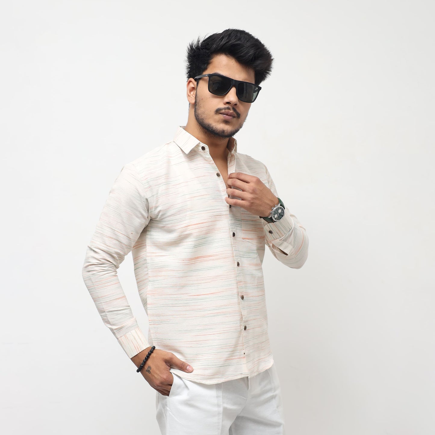 White Jharna Full Sleeves Shirt with orange texture side styling