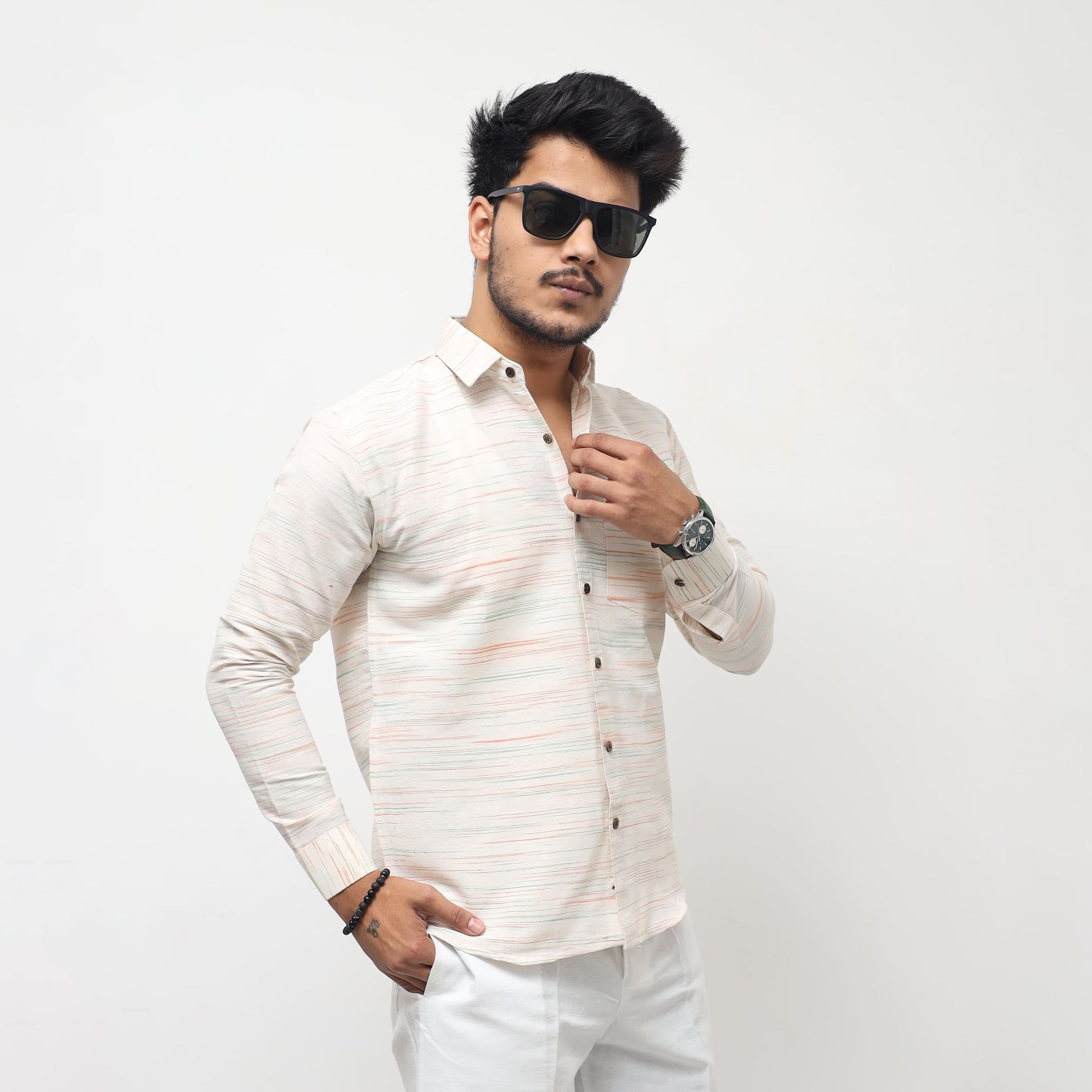White Jharna Full Sleeves Shirt with orange texture side styling