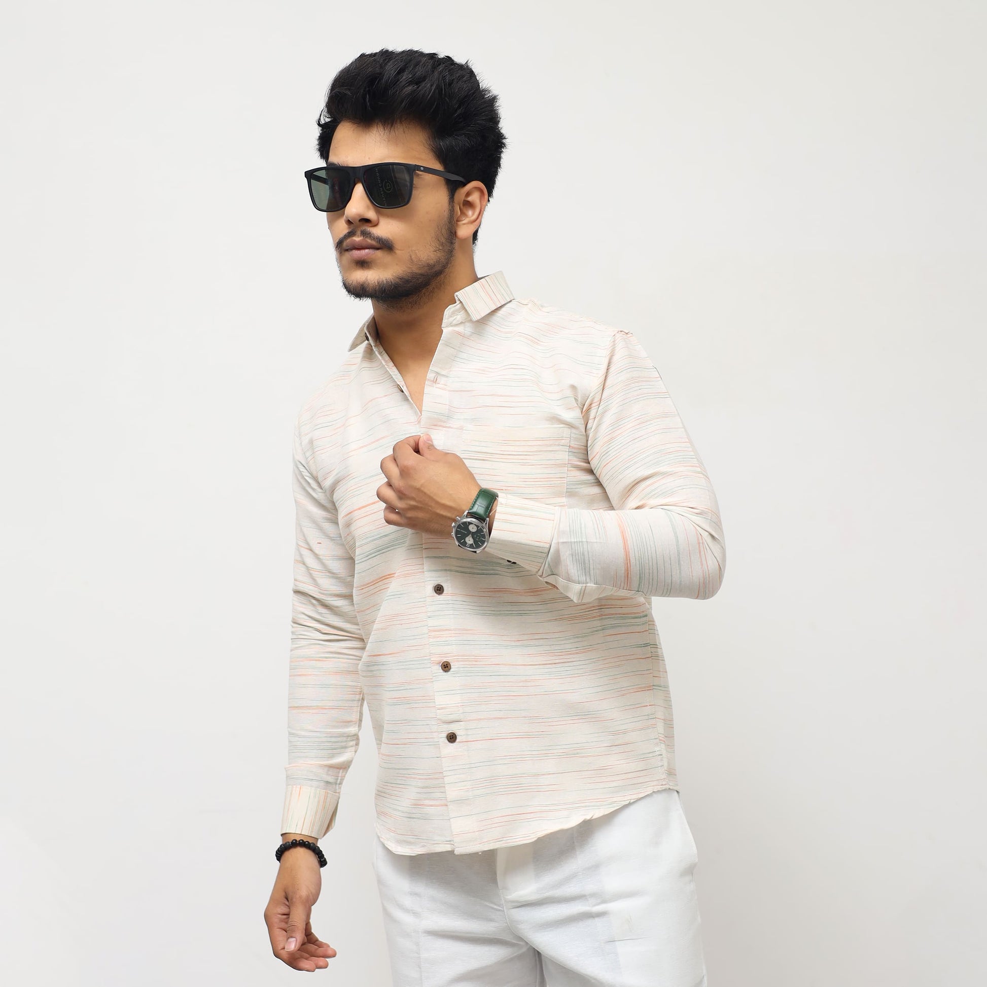 White Jharna Full Sleeves Shirt with orange texture angled look