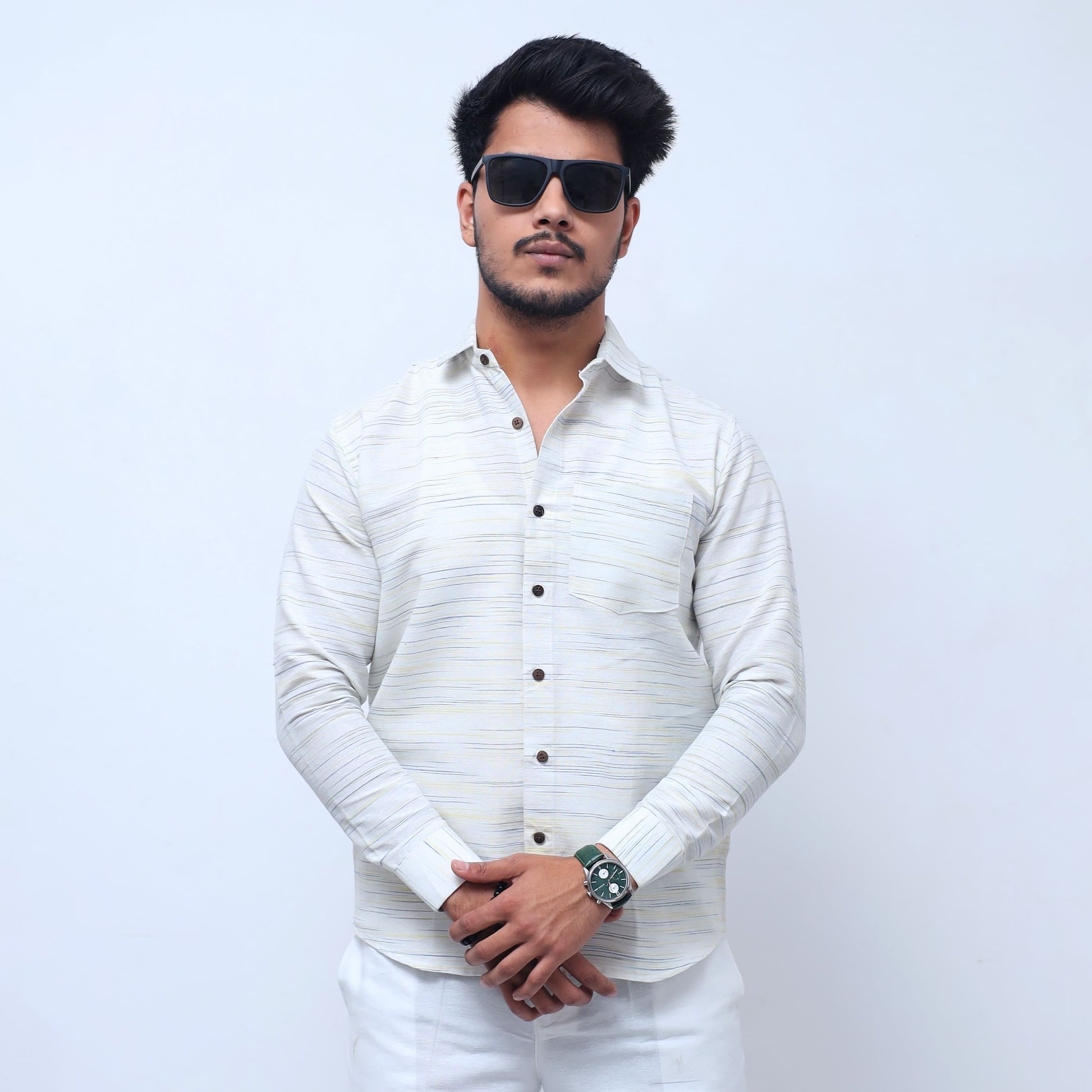 White Jharna Full Sleeves Shirt with yellow texture front look