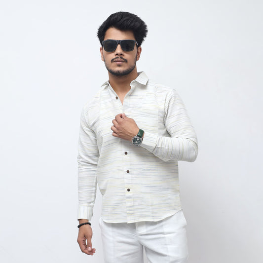 White Jharna Full Sleeves Shirt with yellow texture angled pose
