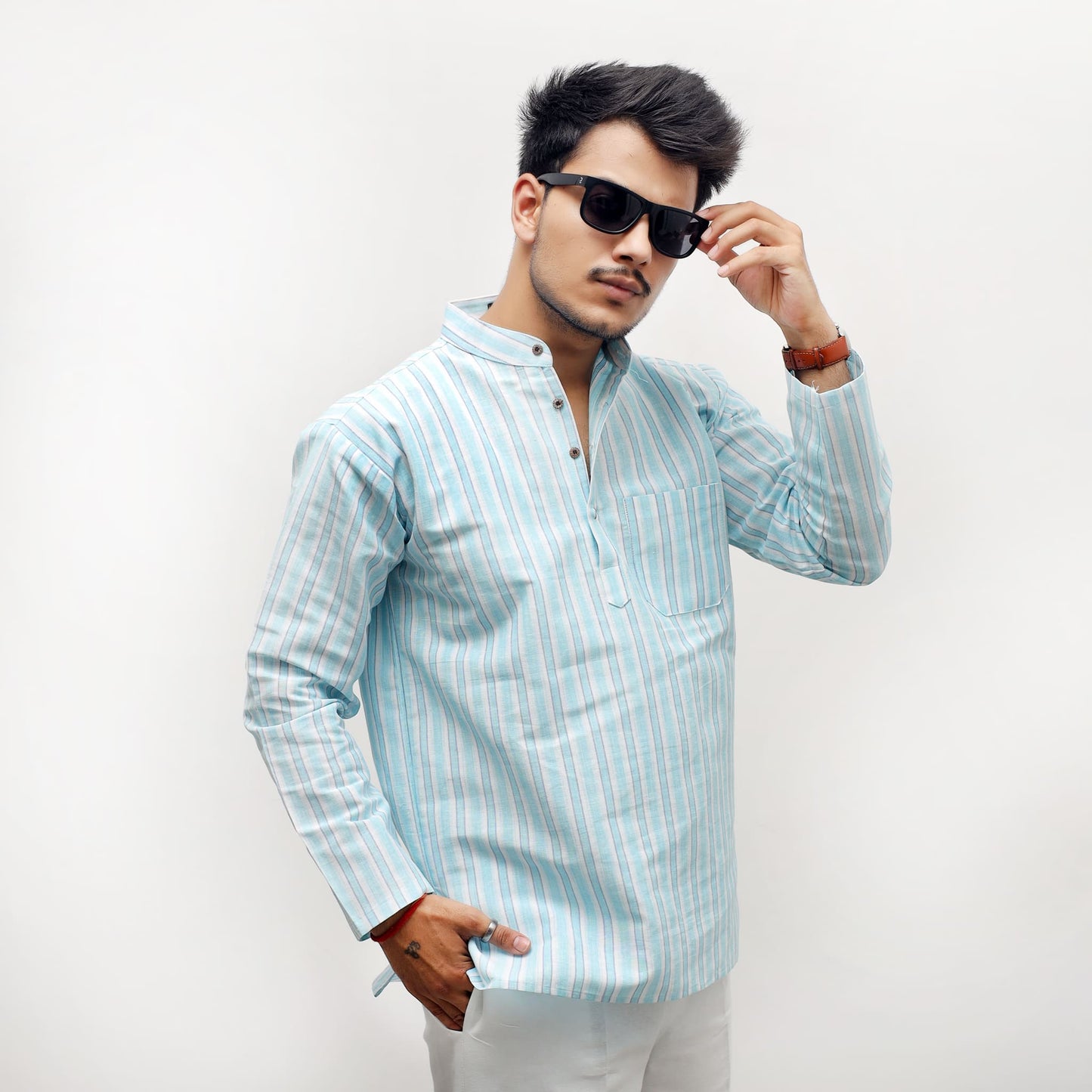 Blue white striped khadi cotton short kurta front view