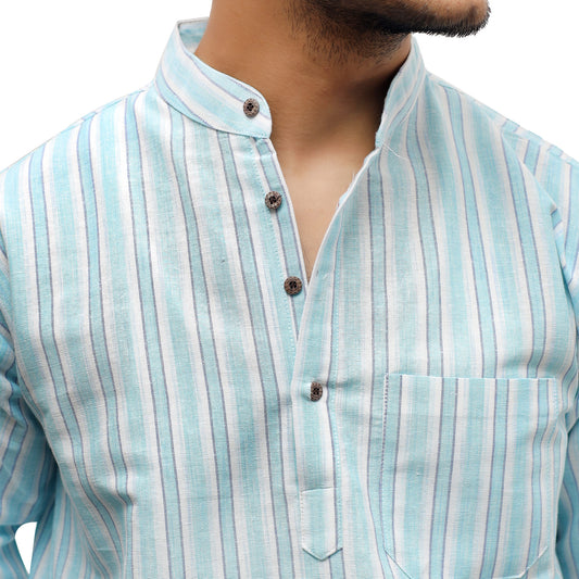 Blue white striped khadi kurta collar detail cotton texture