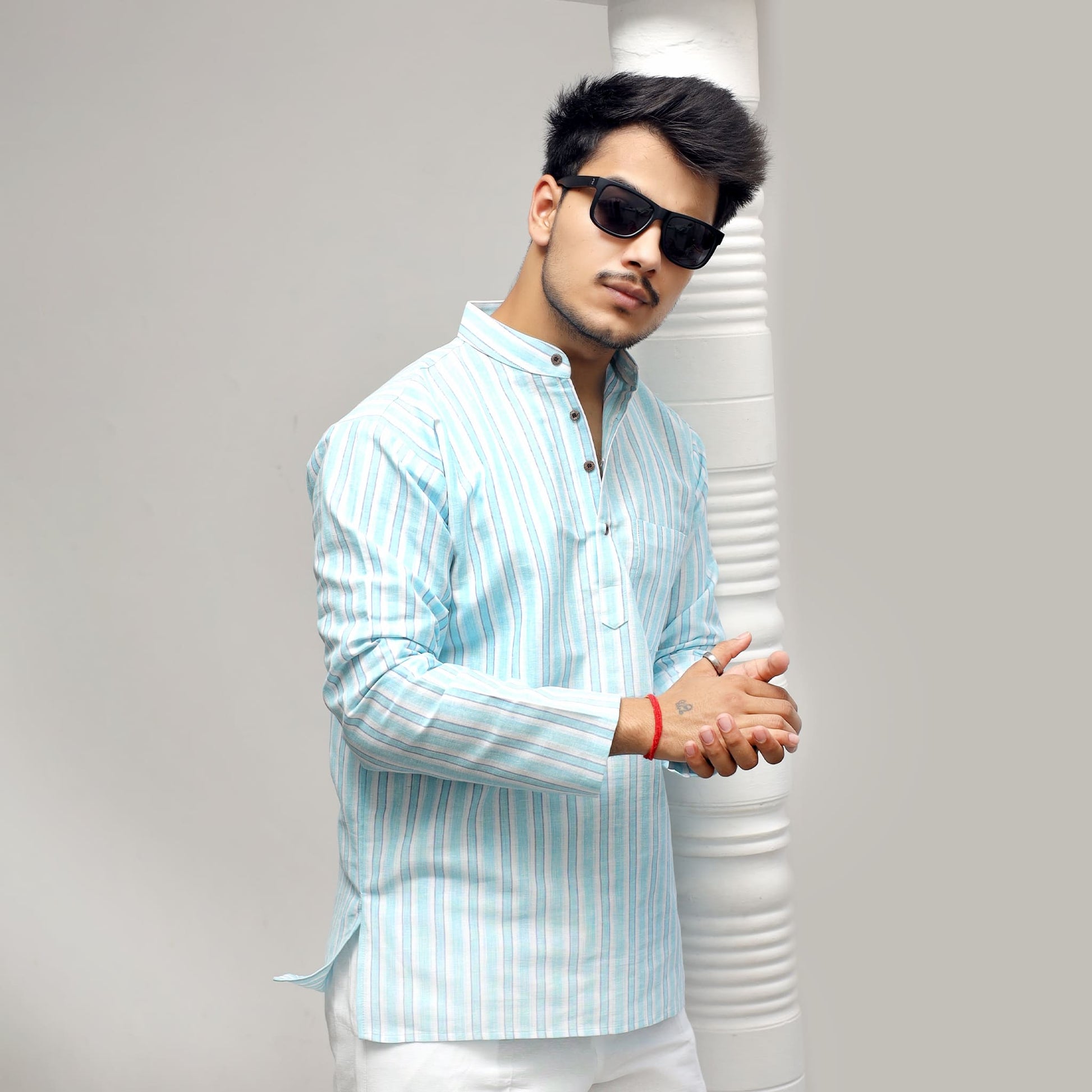 Blue white striped khadi kurta styled look front angle