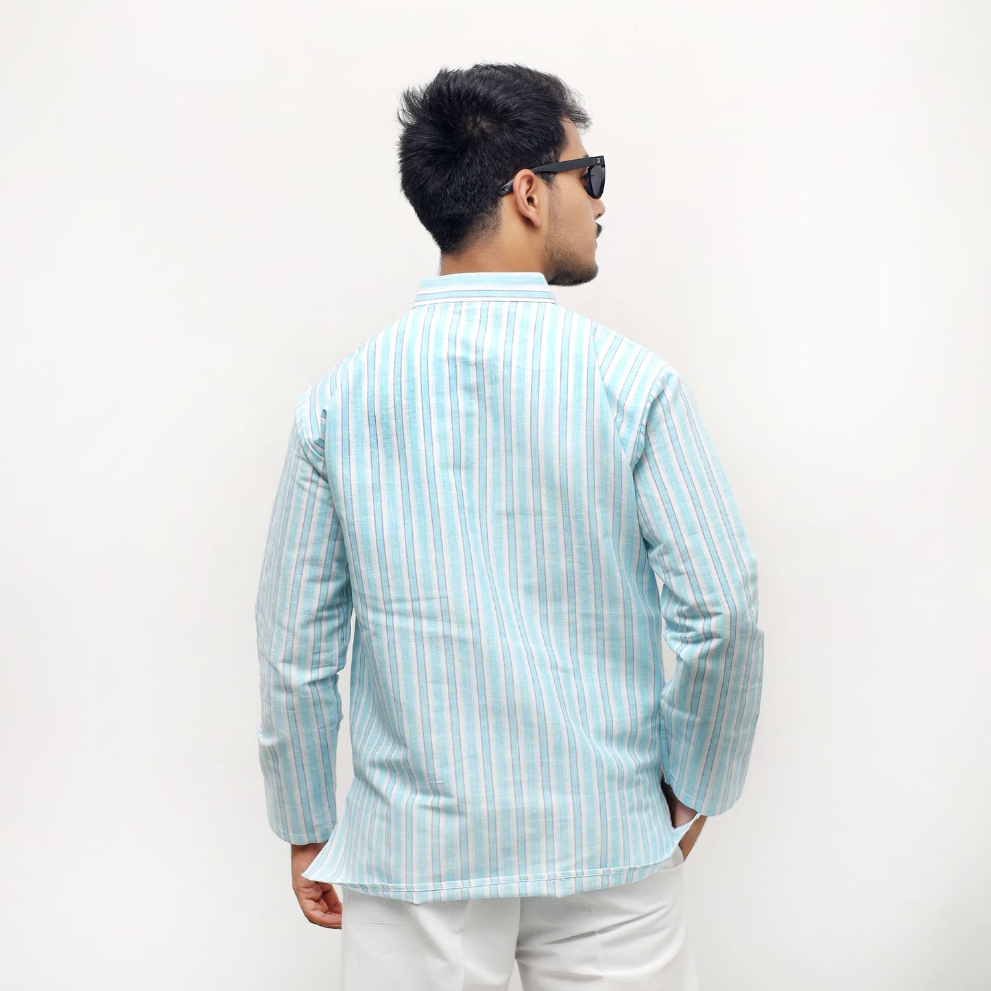 Blue white striped cotton short kurta back side fit