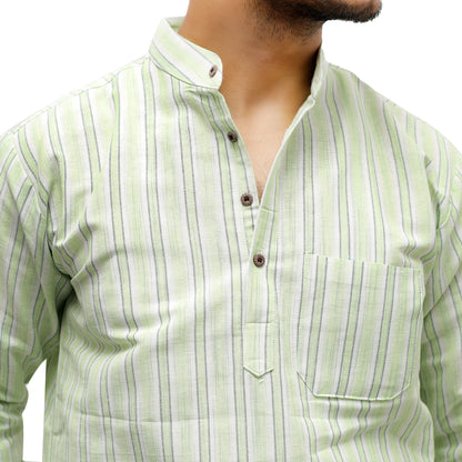 Green white striped khadi kurta collar close-up detail