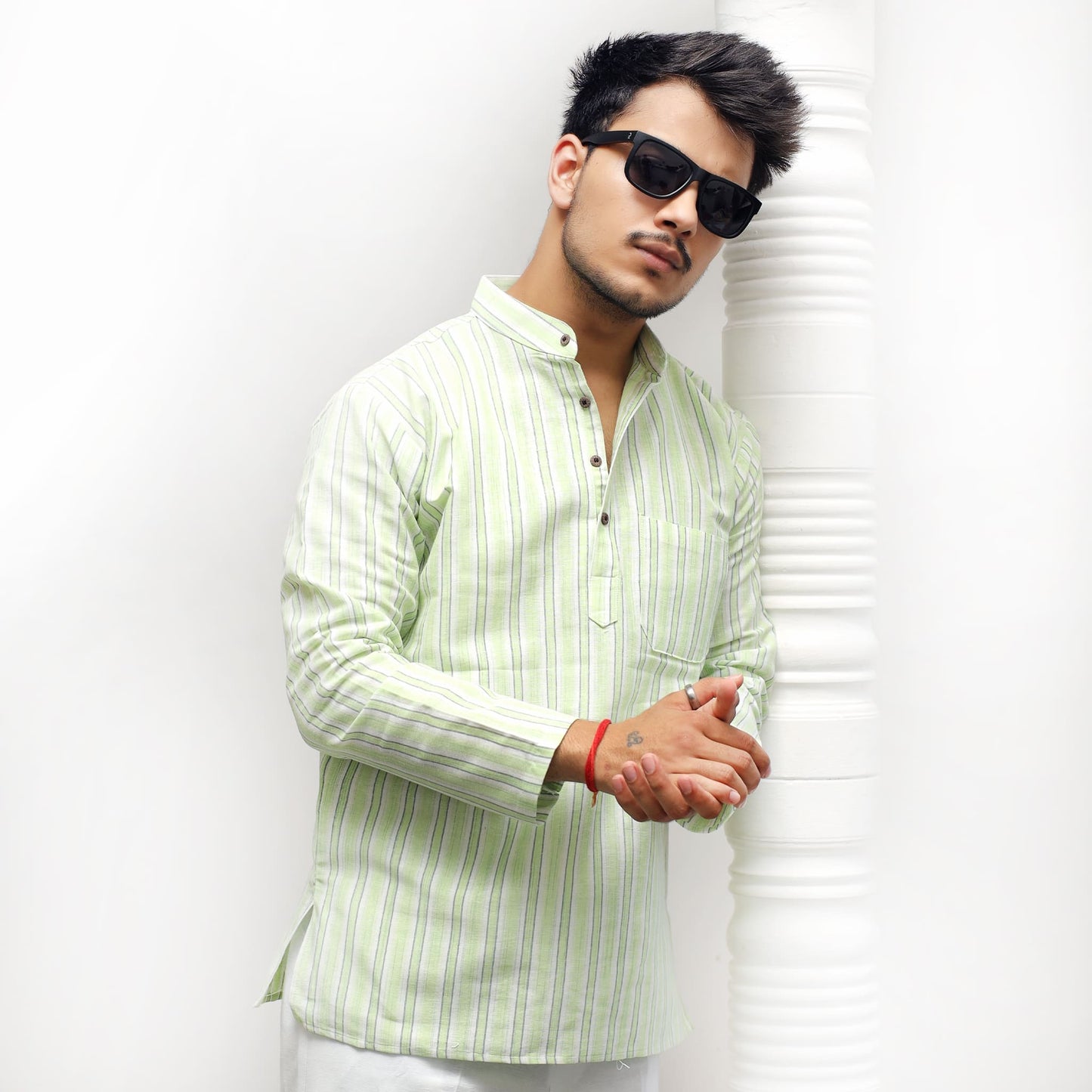 Green white striped khadi cotton kurta angled front style