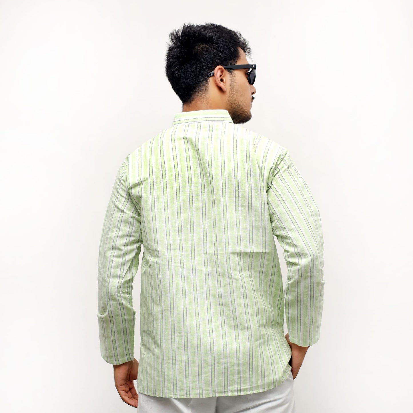 Green white striped short kurta rear side profile