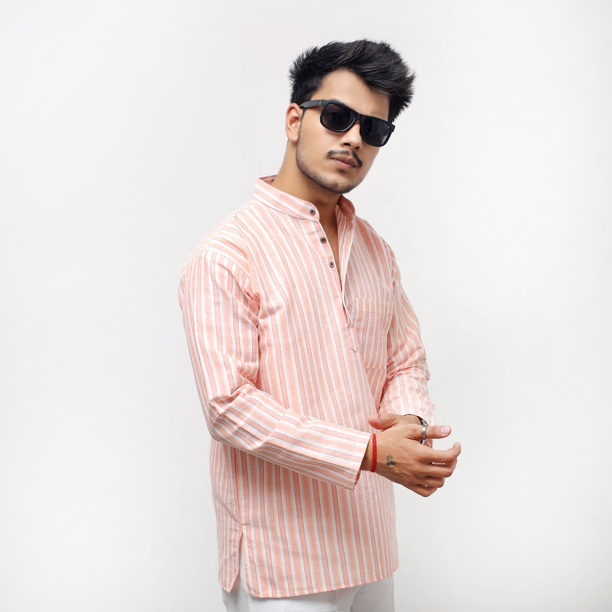 Orange–White Striped Full Sleeves Short Kurta front model view