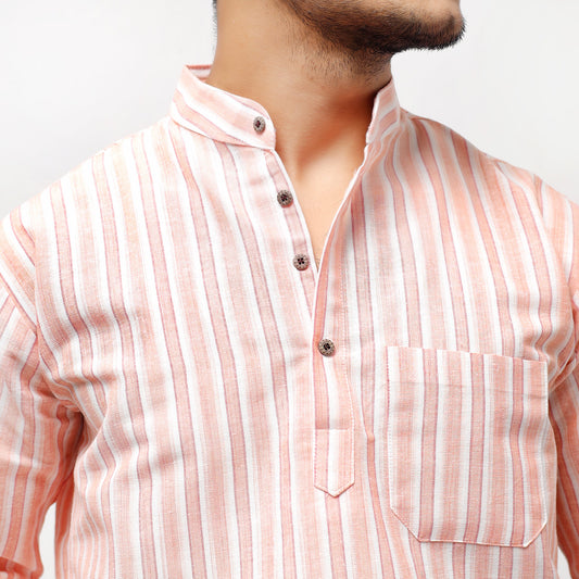 Orange–White Striped Full Sleeves Short Kurta collar and button detail