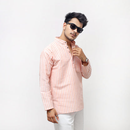 Orange–White Striped Full Sleeves Short Kurta casual pose front