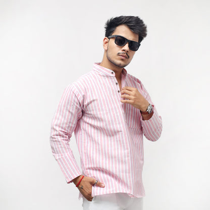 Purple–White Striped Full Sleeves Short Kurta front pose with sunglasses
