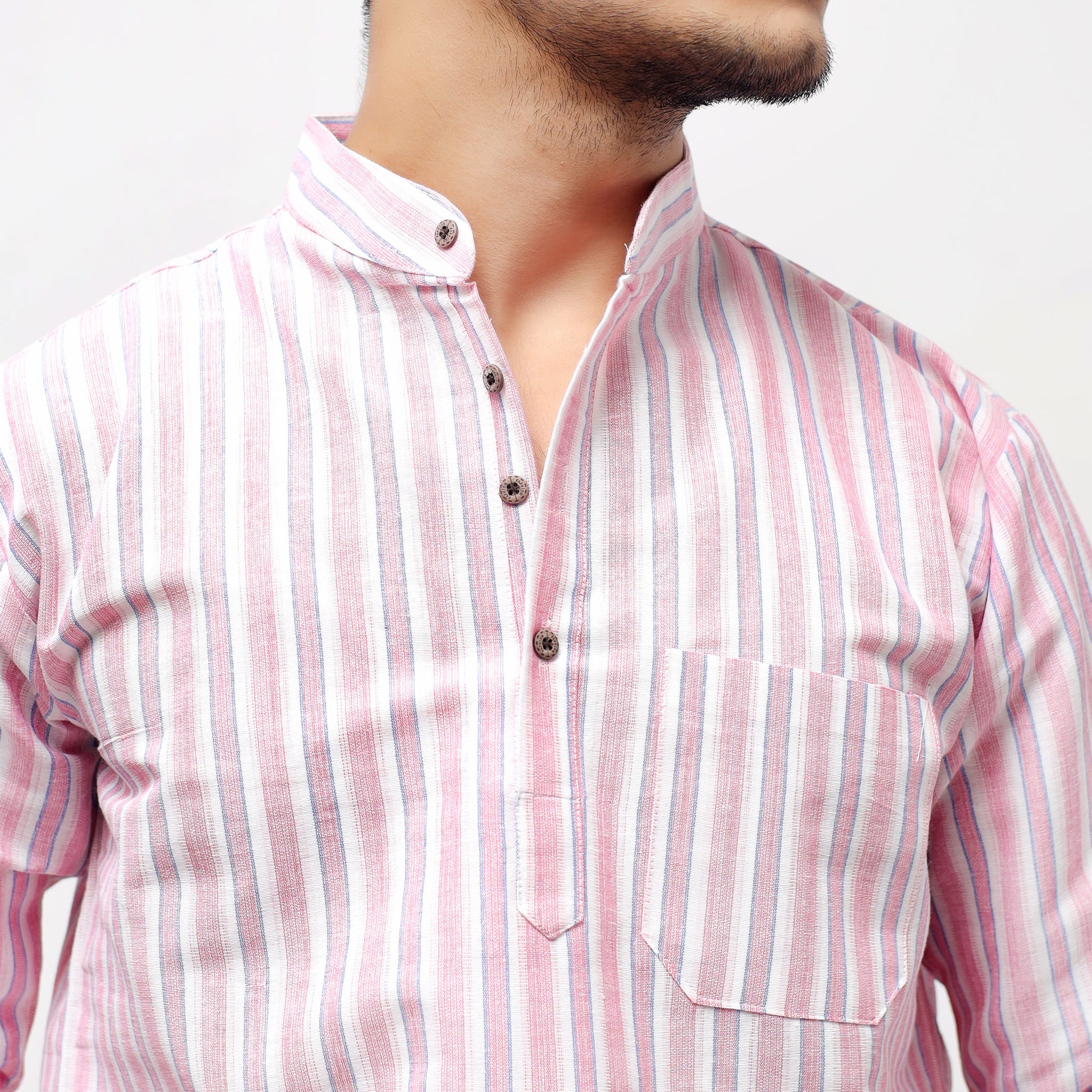 Purple–White Striped Full Sleeves Short Kurta collar and button detail close-up