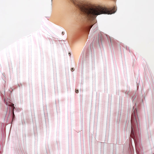 Purple–White Striped Full Sleeves Short Kurta collar and button detail close-up