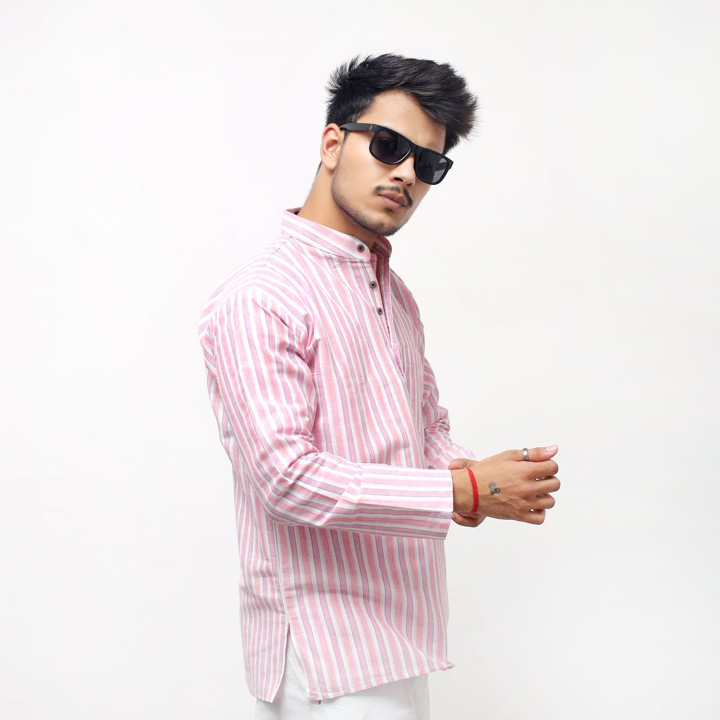 Side view of Purple–White Striped Full Sleeves Short Kurta modern fit