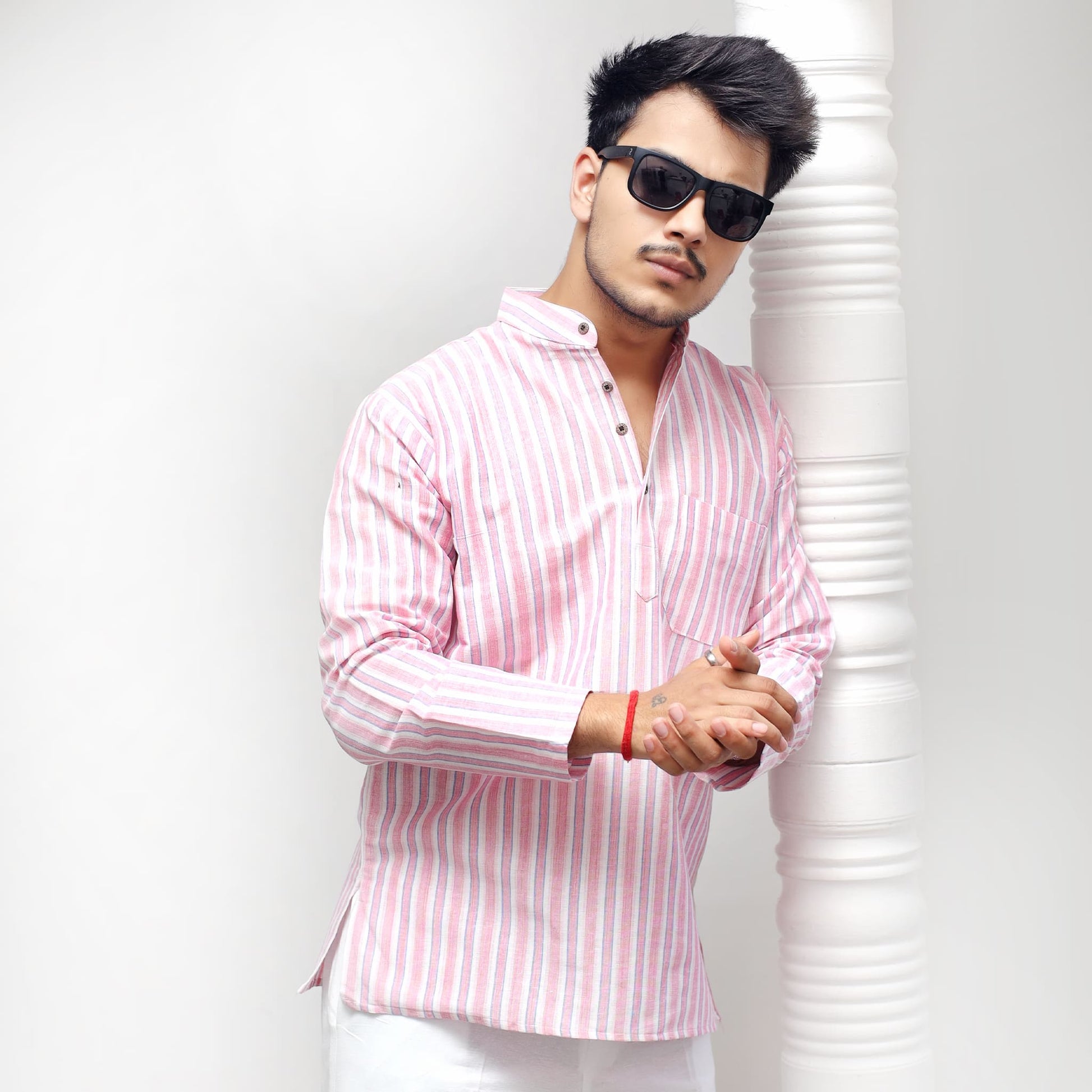 Purple–White Striped Full Sleeves Short Kurta styled casual standing pose