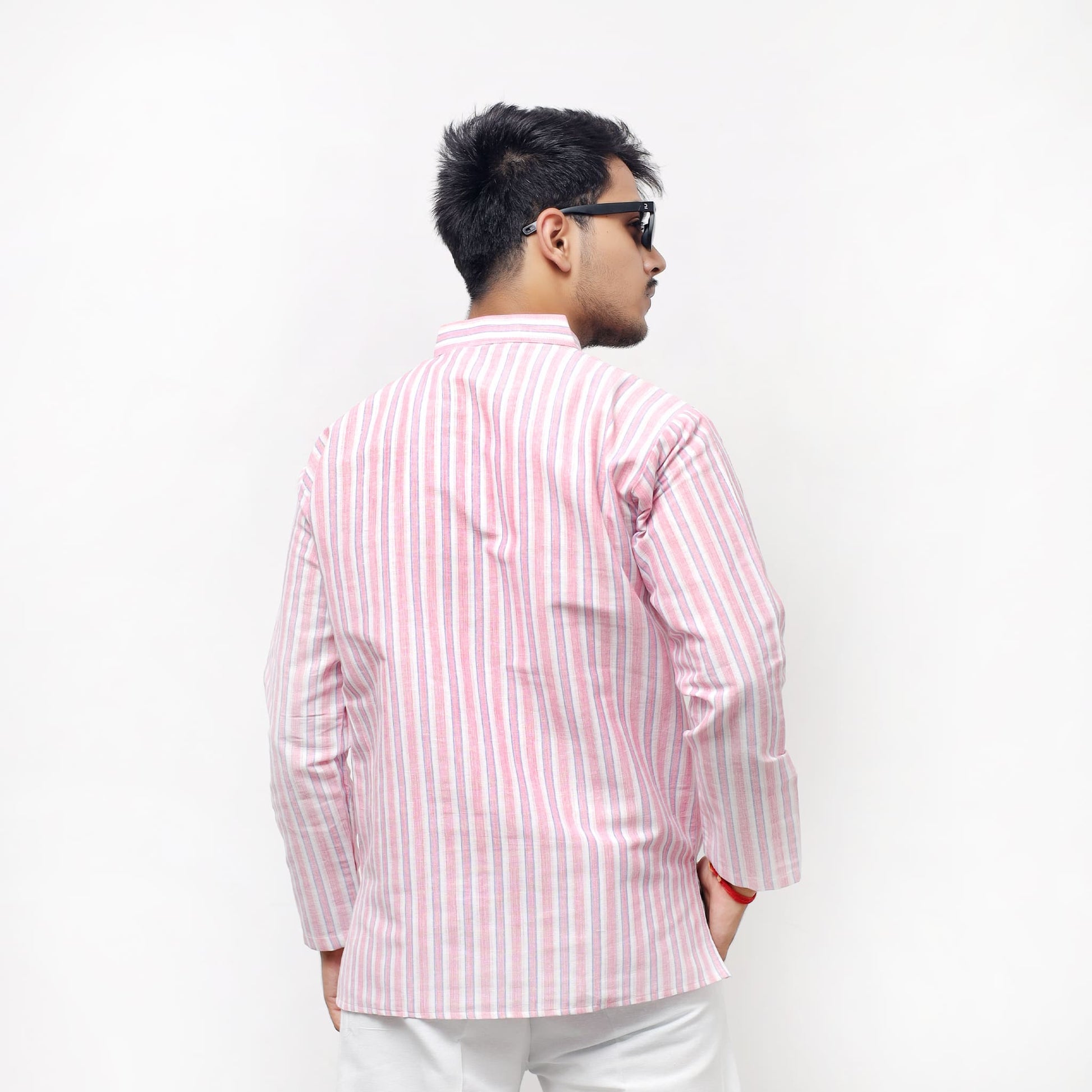 Back view of Purple–White Striped Full Sleeves Short Kurta striped pattern