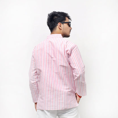 Back view of Purple–White Striped Full Sleeves Short Kurta striped pattern