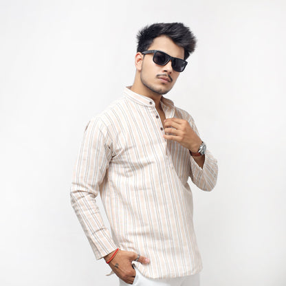 Skin white striped khadi cotton short kurta front model view