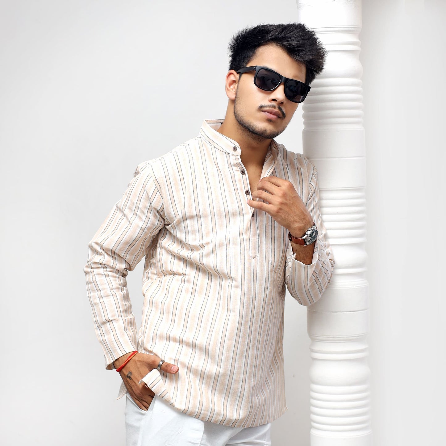 Skin white striped full sleeves short kurta side angle