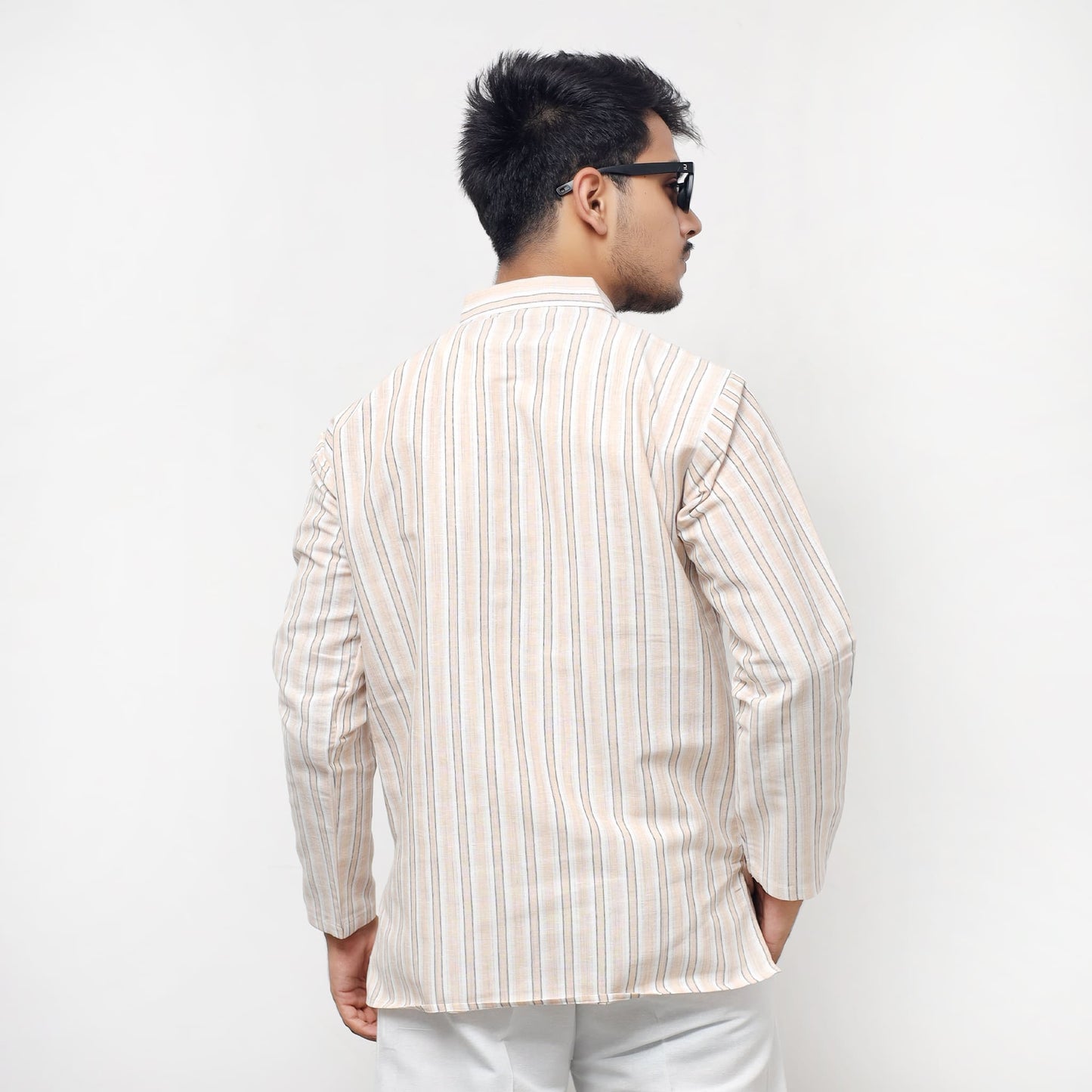 Skin white striped short kurta back profile look