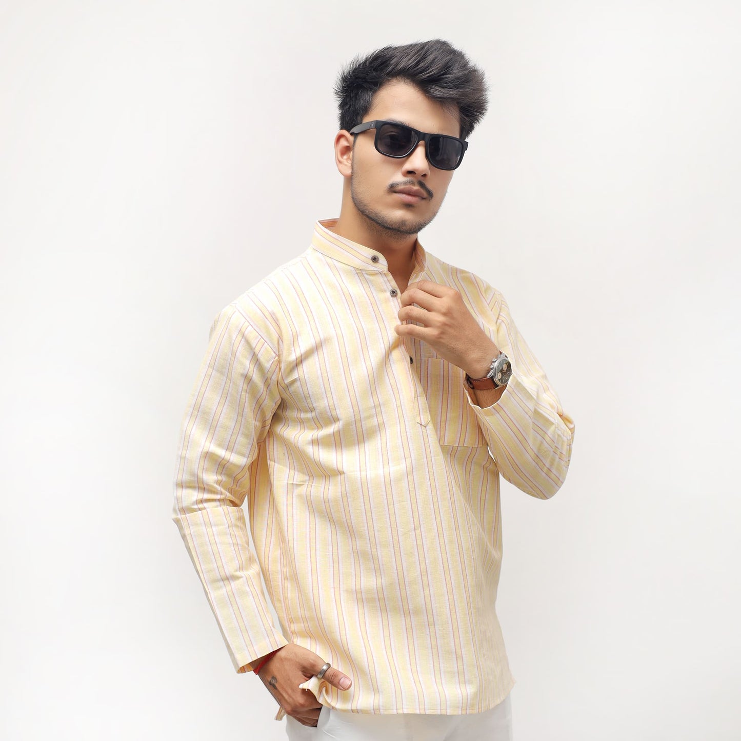 Yellow- White Striped Full Sleeves Short Kurta front view with sunglasses