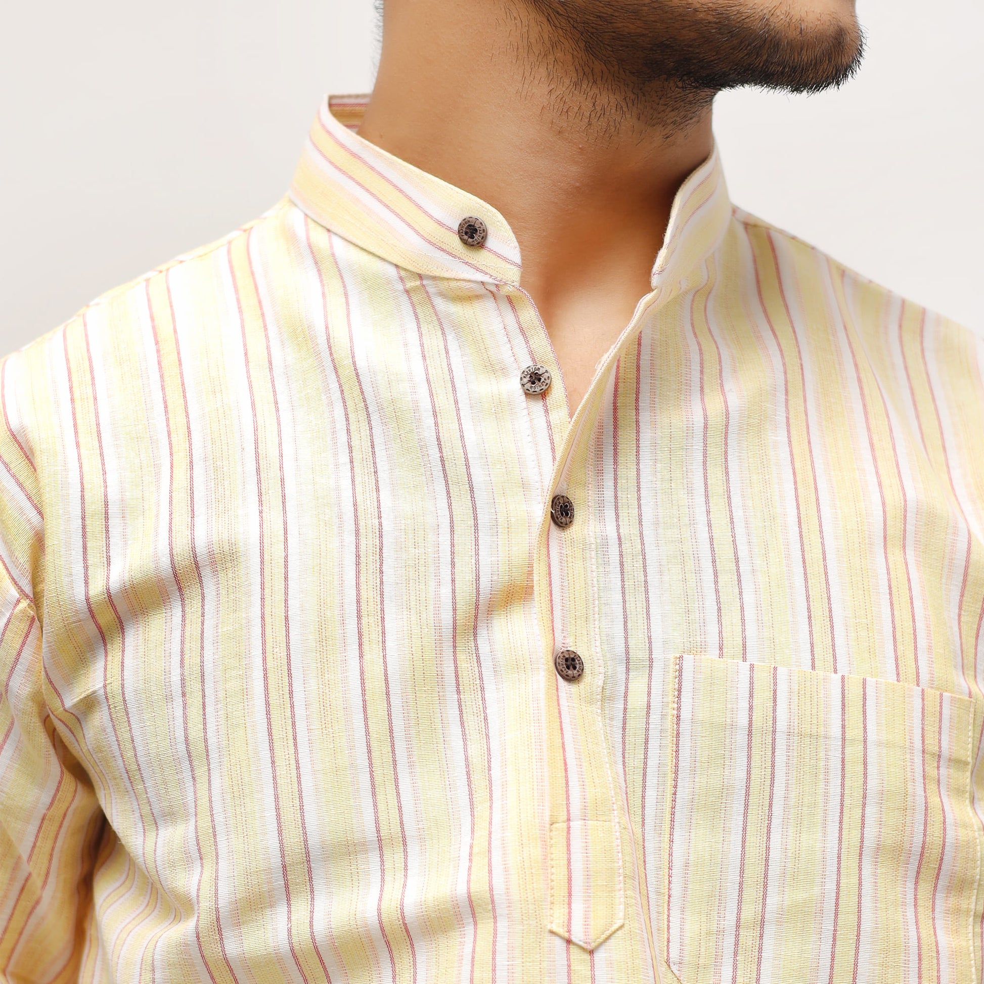 Yellow- White striped kurta close-up mandarin collar detail
