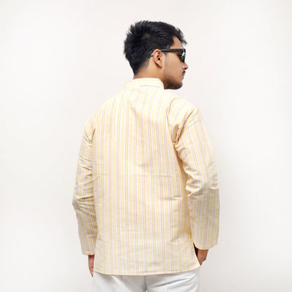 Back view Yellow- White Striped Full Sleeves Short Kurta design