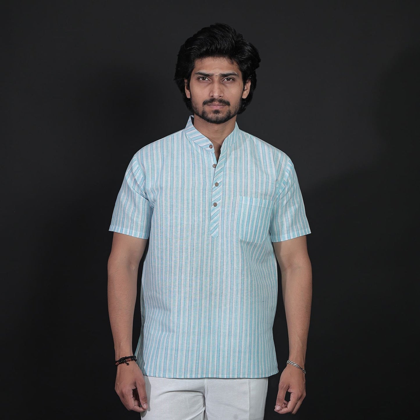 Men wearing blue-toned white striped khadi short kurta front pose