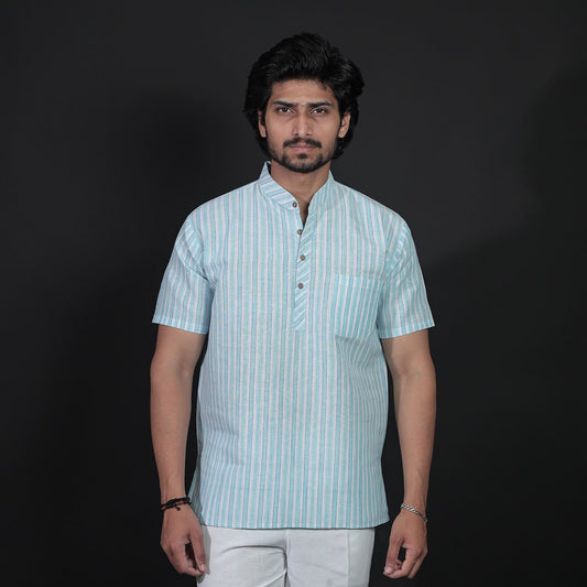 Men wearing blue-toned white striped khadi short kurta front pose